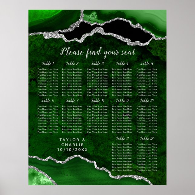 Poster Green and Silver Agate Wedding Seating Chart (Frente)