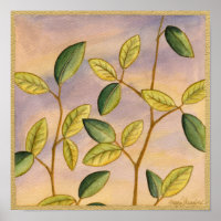 Green and Yellow Leaves on Sunset Background