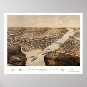 Poster Green Bay, Mapa Panorâmico do WI - 1867