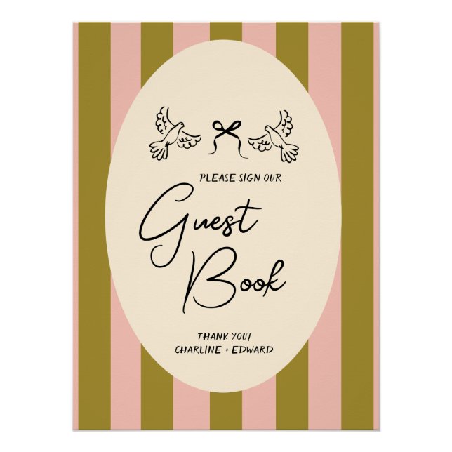 Pôster Green Blush Pink Striped Wedding Guestbook Sign (Frente)