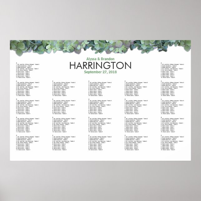 Pôster Green Floral Wedding Reception Seating Chart (Frente)