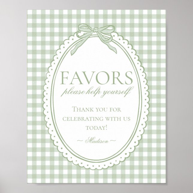 Poster Green Gingham Coquette Bow Favors Sign (Frente)