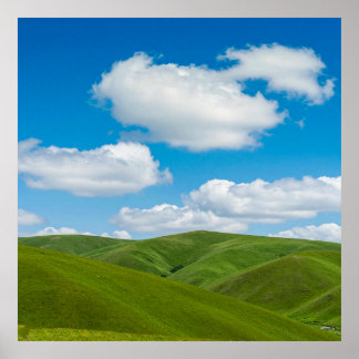 Poster Green Hills with Blue Skies and White Clouds