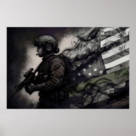 Poster Green Line American Flag Military Female Tribute