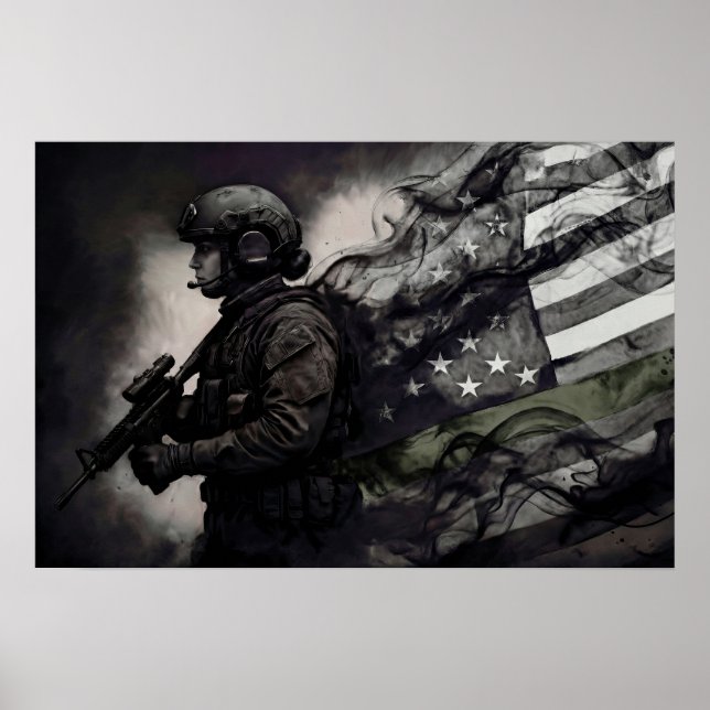 Poster Green Line American Flag Military Female Tribute (Frente)