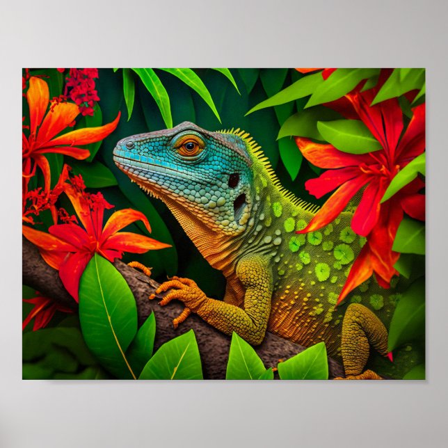 Poster Green Lizard na Floresta Tropical (Frente)