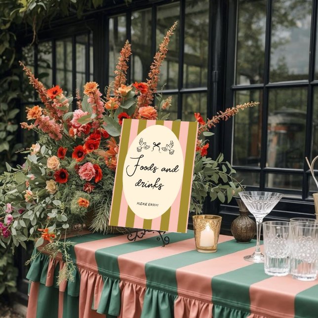 Pôster Green Pink Striped “Food and Drinks” Wedding (Criador carregado)