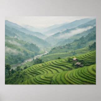 Poster Green Rice Terraces Mountain Valley Landscape