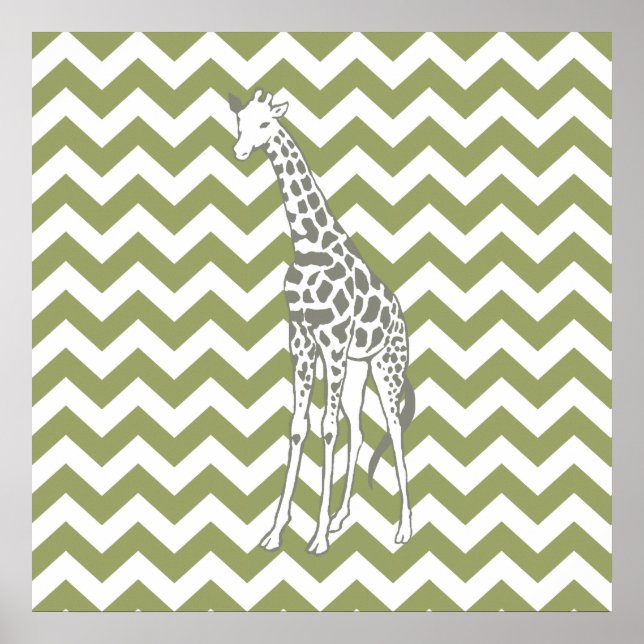Pôster Green Safari Chevron com Pop Art Giraffe (Frente)