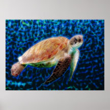 Green Sea Turtle Honu sobre Arte Fractal Azul