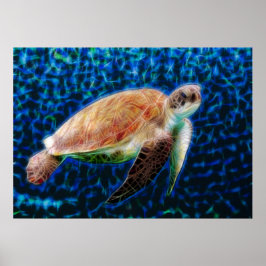 Pôster Green Sea Turtle Honu sobre Arte Fractal Azul