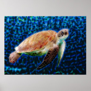 Pôster Green Sea Turtle Honu sobre Arte Fractal Azul