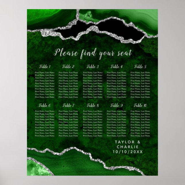 Poster Green Silver Agate Wedding Seating Chart 12 Table (Frente)