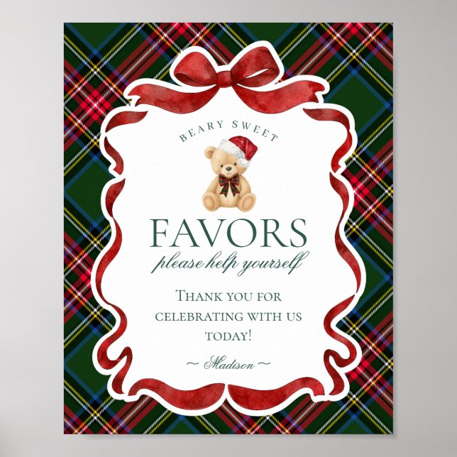 Poster Green Tartan Plaid Christmas Bear Party Favor Sign (Frente)