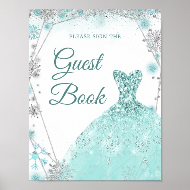 Poster Green Teal Winter Snowflake 15 Años Guest Book (Frente)