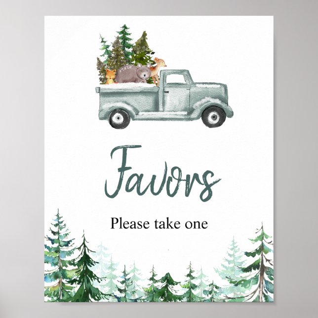 Poster Green Truck Woodland Animals Favor Sign (Frente)