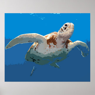 Poster Green Turtle Woodcut