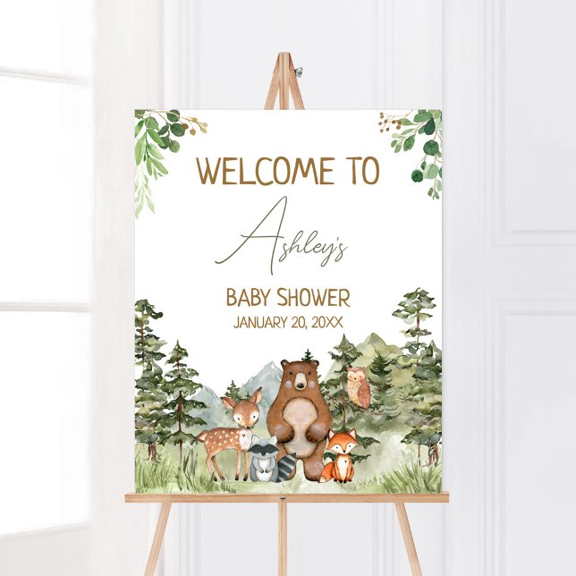 Poster Greenerescer Woodland Animal Chá de fraldas Bem-vi (Greenery Forest Animals Baby Shower Welcome Sign)