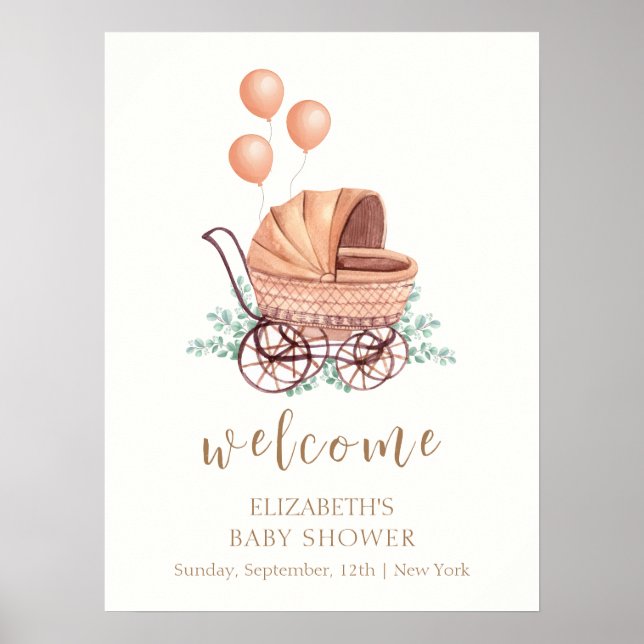 Poster Greenerler Stroller Balloon Chá de fraldas Bem-vin (Frente)