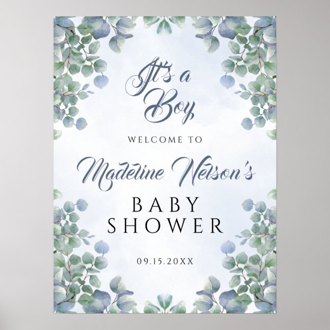 Poster Greenery Blue É um Chá de fraldas (Frente)