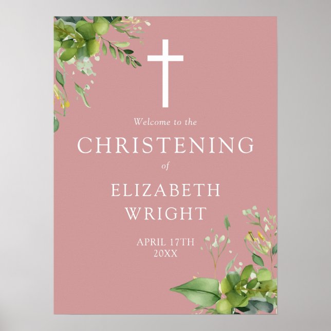 Poster Greenery Christening Dusty Rosa Rosa Sinal de Boas (Frente)
