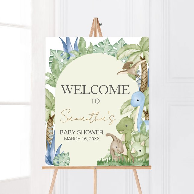 Poster Greenery Dinossaur Chá de fraldas Bem-vindo (Boho Dinosaur Baby Shower Welcome Sign)