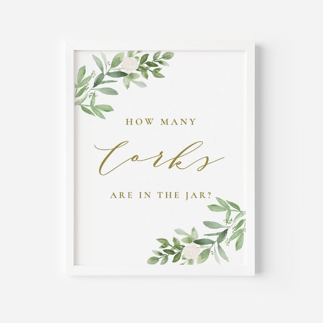 Poster Greenery Dourado Quantas Corcas estão no Jar Game (Greenery Cork Guessing Game Sign | Watercolor Corks in a Jar Game for Showers and Parties)