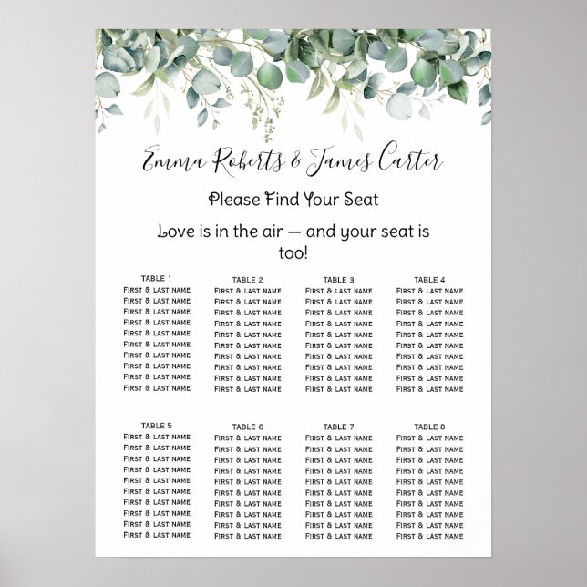 Poster Greenery Elegant Wedding Seating Chart (Frente)