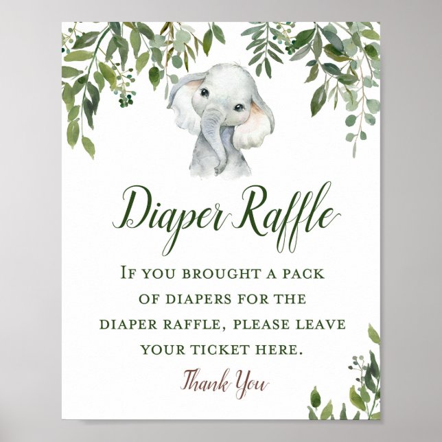 Poster Greenery Elephant Diaper Raffle Sign (Frente)