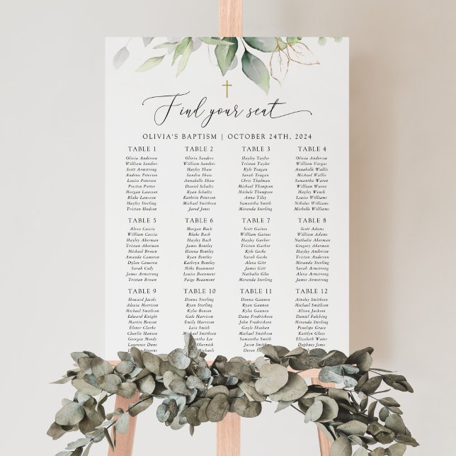 Poster Greenery, Eucalyptus Leaves, Baptism Seating Chart (Criador carregado)