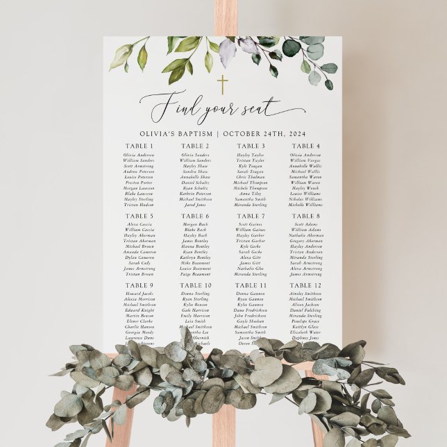 Poster Greenery, Eucalyptus Leaves, Baptism Seating Chart (Criador carregado)