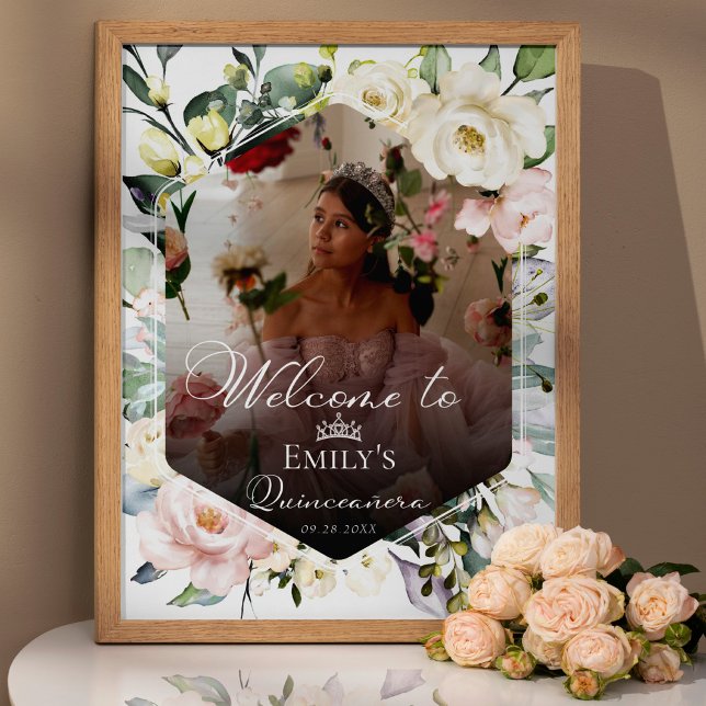 Poster Greenery Floral Frame Foto Quinceañe Sinal de Boas (Criador carregado)