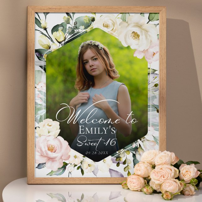 Poster Greenery Floral Frame Foto Sweet 16 Sinal de Boas- (Criador carregado)