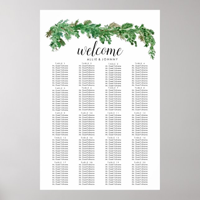 Poster Greenery Garland Seating Chart Wedding Sign Edit (Frente)