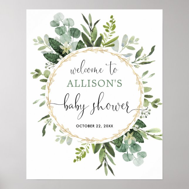 Poster Greenery gender neutral baby shower welcome sign (Frente)