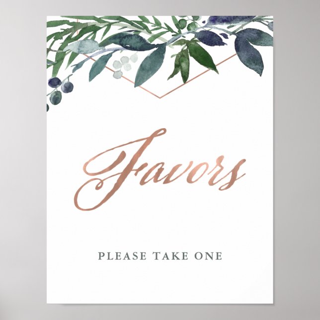 Poster Greenery Geo | Favor do casamento Dourado Rosa (Frente)
