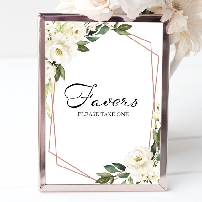 Poster Greenery Geometric White Floral Favors Sign (Criador carregado)