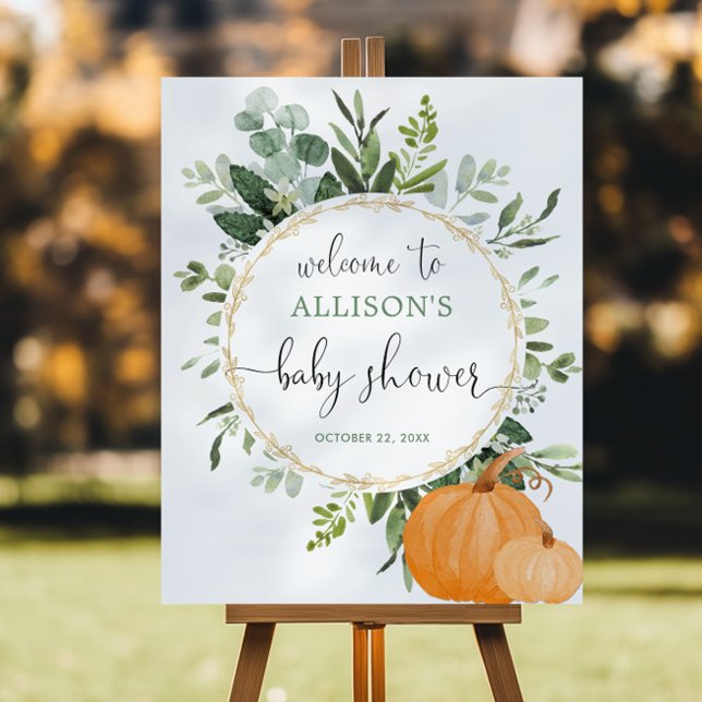 Poster Greenery gold pumpkin baby shower welcome sign (Criador carregado)