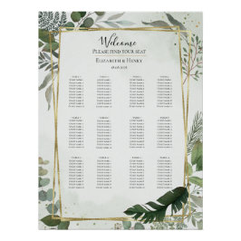 Pôster Greenery gold watercolour wedding seating chart