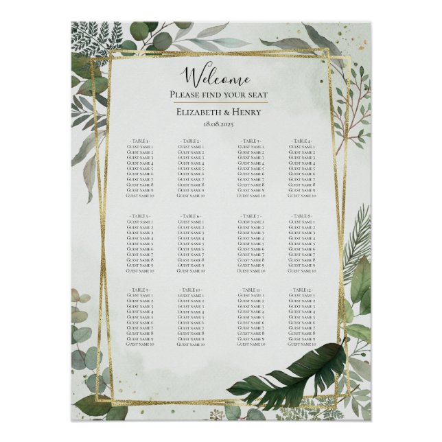Pôster Greenery gold watercolour wedding seating chart (Frente)