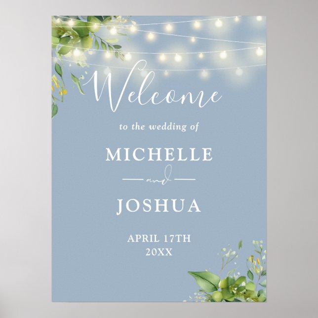 Poster Greenery Lights Dusty Blue Wedding Sign (Frente)