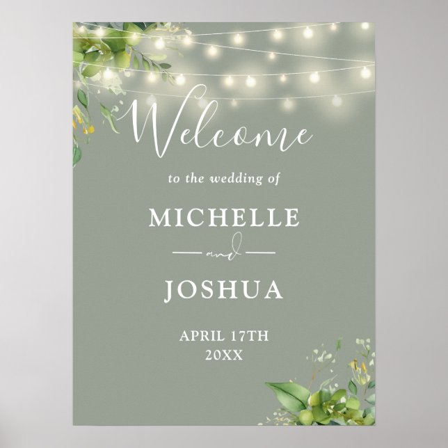 Poster Greenery Lights Sage Green Wedding Sign (Frente)