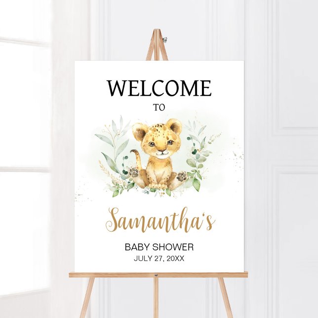 Poster Greenery Lion Chá de fraldas Bem-vindo (Gender Neutral Lion Jungle Baby Shower Welcome Sign)
