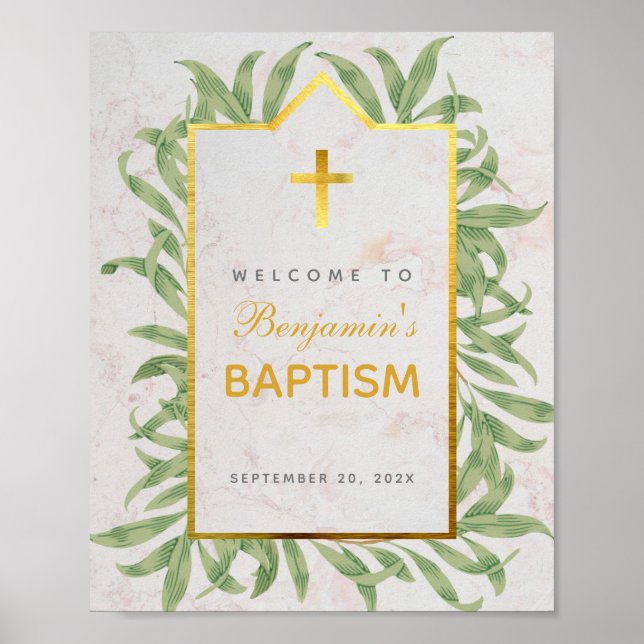 Poster Greenery Marble Faux Dourado Baptism Sinal de Boas (Frente)