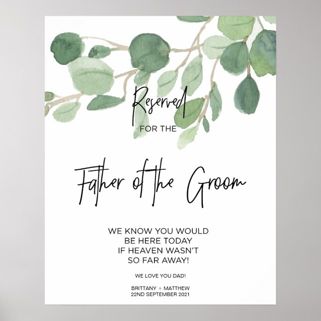 Poster Greenery Reservado para Pai do Casamento de Noite (Frente)