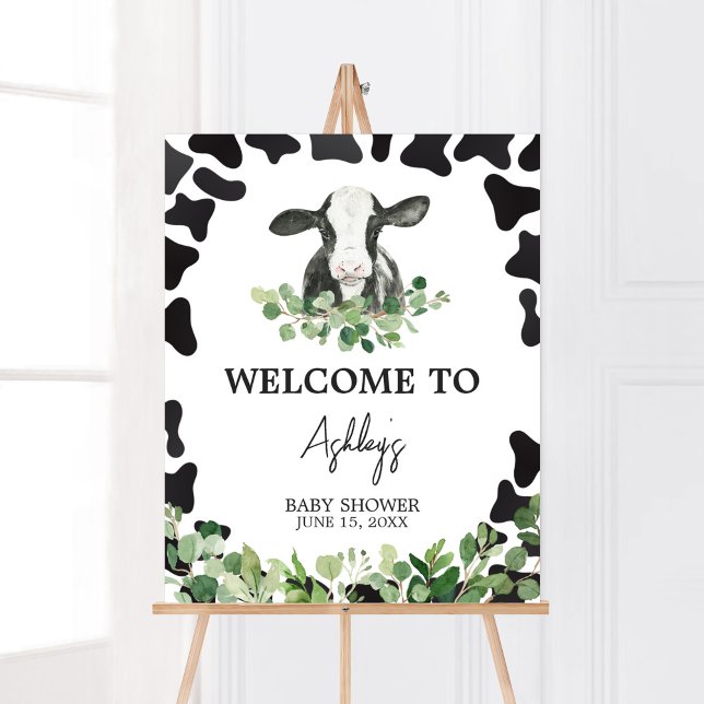 Poster Greenery Santa Chá de fraldas Vaca Bem-vinda (Gender Neutral Highland Cow Baby Shower Welcome Sign)