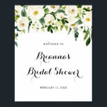 Poster Greenery White Autumn Floral Welcome<br><div class="desc">Este poster de boas-vindas ao chá de panela floral verde branco de outono é perfeito para um chá de casamento rústico. O design apresenta elegantes pedras brancas de aquarela com folhagem verde.</div>