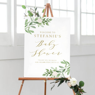 Poster Greenery White Flowers Dourado Chá de fraldas Bem-