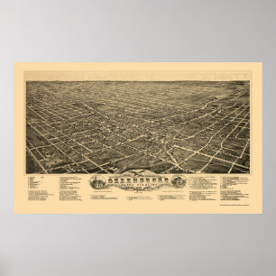 Pôster Greensboro, mapa panorâmico do NC - 1891