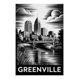 Pôster Greenville Carolina do Sul Preto Branco Xilogravur
